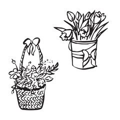 Hand drawn spring botanicals set. Flower Baskets Doodle Style.
