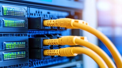 Close up view of yellow fiber optic cables plugged into a blue server rack. The image shows intricate details of the network connections.