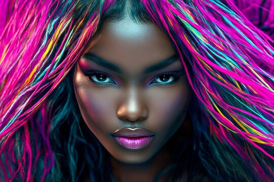 Lovely calm black girl - for ads, billboard and social apps use. Long hairdo - multicolored hair. Commercial ad campaign creative. African beauty advertising concepts. Chic african glamour.