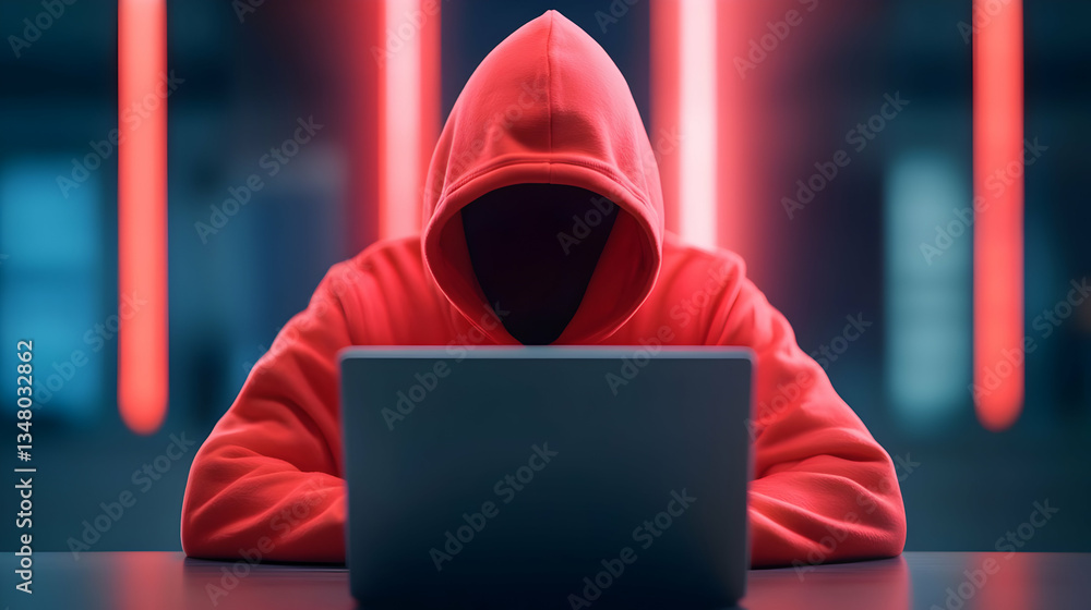 Poster anonymous hacker using laptop in red hoodie under red neon lights