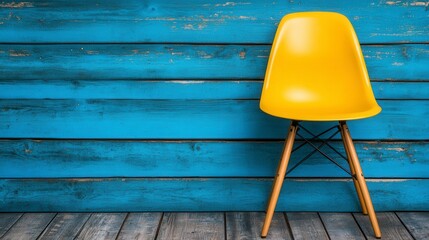 Yellow plastic chair against a blue wooden wall. The chair is modern and simple, the wood is distressed and textured. The image is minimalistic and clean.