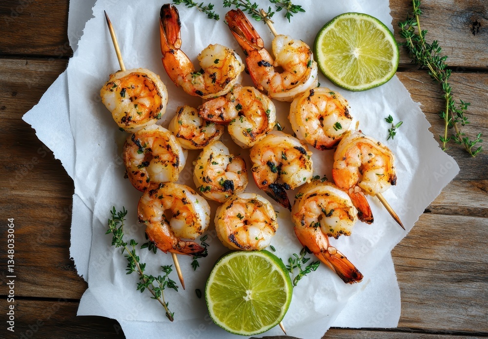 Aufkleber grilled shrimp skewers garnished with fresh lemon and thyme on rustic wooden table
