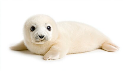 Fototapeta premium Adorable white seal pup lying on a white background. Close up view showcasing its soft fur and dark eyes.