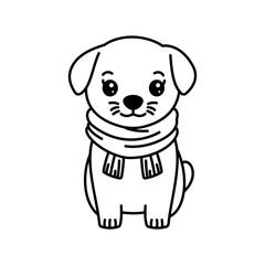 Fototapeta premium Cute Happy Puppy Little Dog Pet Animal Cartoon Character Wearing Scarf in Line Art Style
