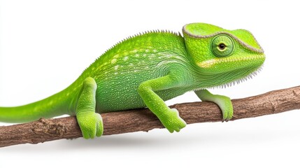 Fototapeta premium Bright green chameleon perched on a brown branch against a white background. The chameleon is in sharp focus, showcasing its detailed scales and texture.