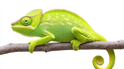 Obraz premium Bright green chameleon perched on a dark brown branch against a white background. The chameleon's skin is textured, and its tail curls. Close up studio shot.