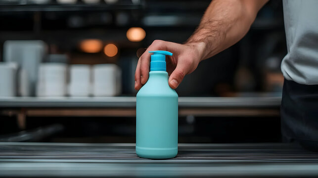 Close-up of a Man's Hand Holding a Blue Plastic Bottle of Dishwashing Detergent