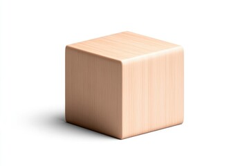 Fototapeta premium Light beige wooden cube, isolated on white background. Simple geometric shape. Smooth, even surfaces. Looks like a display stand or toy block