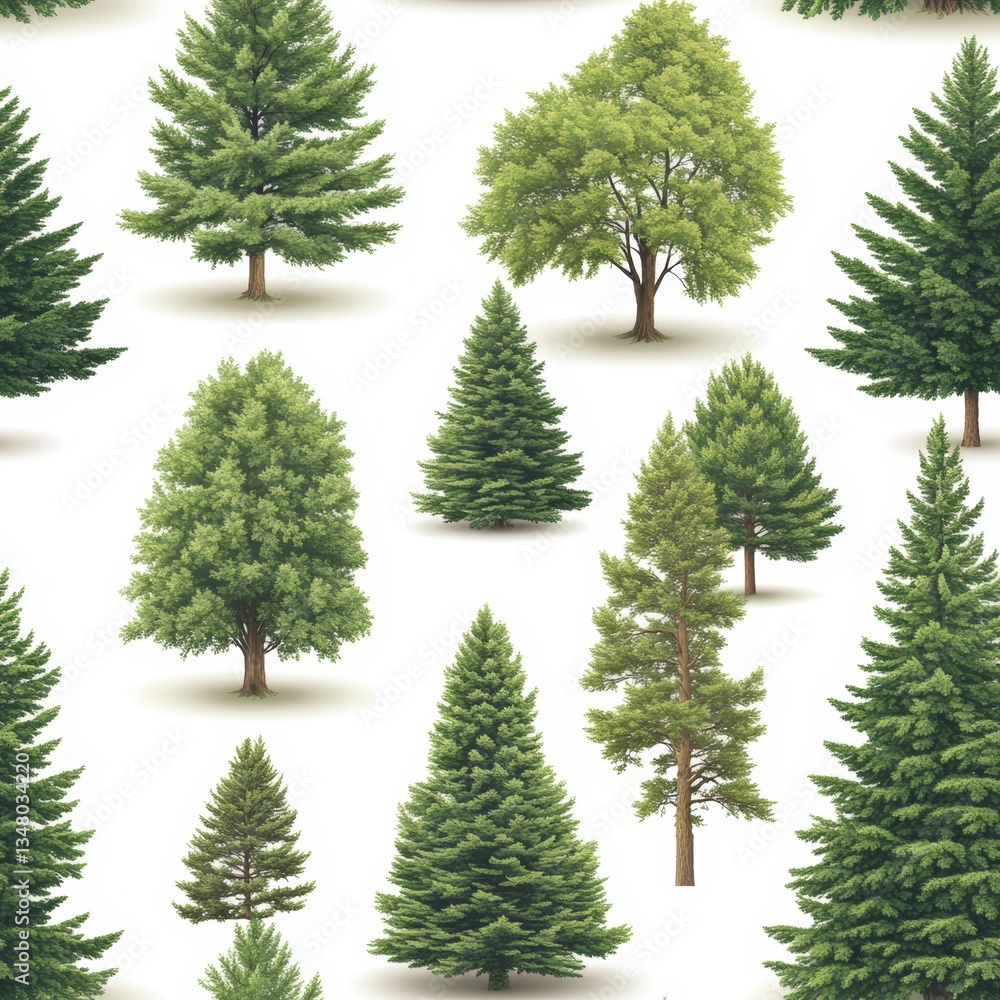 Poster a beautiful repeating pattern featu diverse evergreen and deciduous trees set against a clean white 