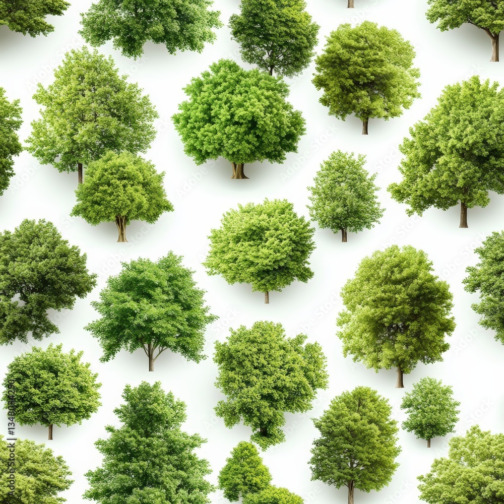 Poster a vibrant, repeating pattern of lush green deciduous trees isolated on a clean white background idea