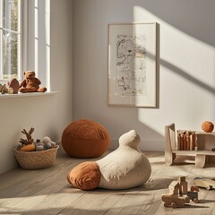 Yam root-shaped toddler's toy mockup made from soft material in a playroom.