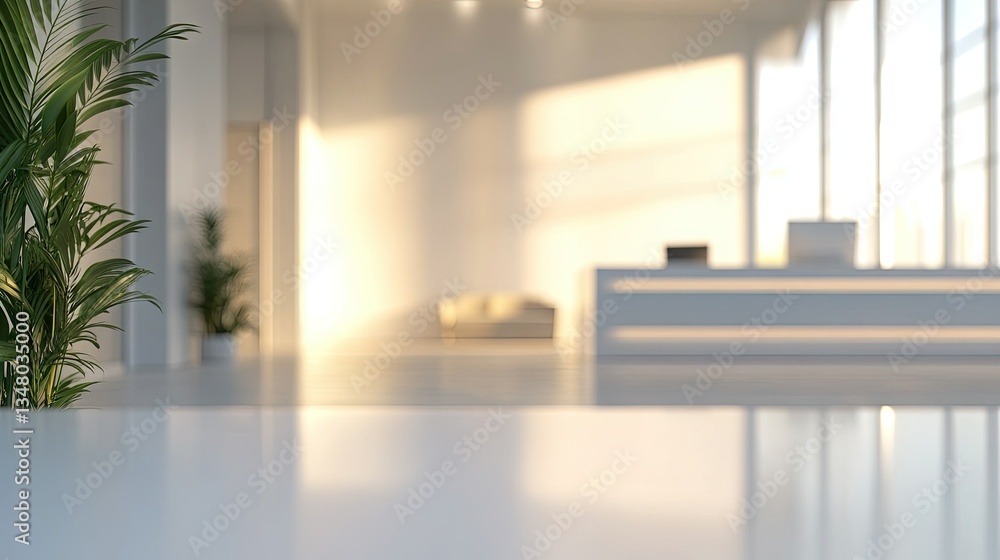 Poster Modern reception area featuring a wooden front desk. a cozy beige sofa. and a large window allowing natural light. set in a minimalist design with greenery
