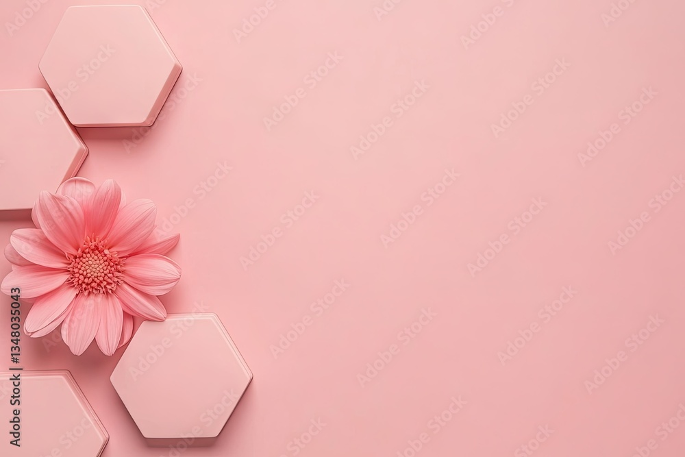 Aufkleber a soft pink background featuring a delicate white flower placed near hexagonal shapes. creating a se