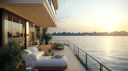 Fototapeta premium Luxury Riverfront Living: Serene Sunset Views from a Modern Terrace