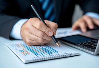 Close up of a person's hands writing notes on a notepad near a laptop. The person is wearing a business suit. The image is lit with soft, natural light.
