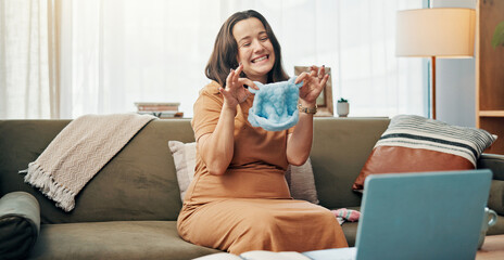 Pregnant, woman and baby clothes for video call, online and sharing motherhood on social media with...