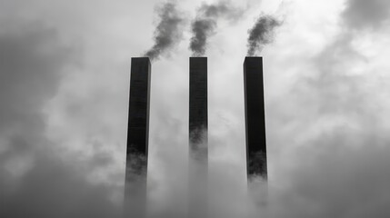 Three smokestacks emitting thick black smoke against a cloudy sky, highlighting pollution and industrial impact on the environment.