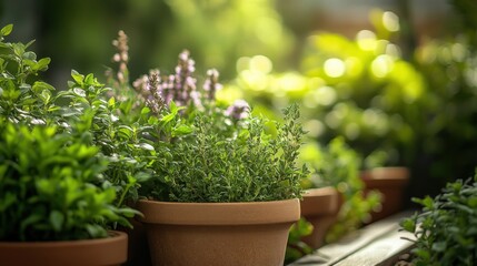 Fresh herbs in terracotta pots on a sunny balcony