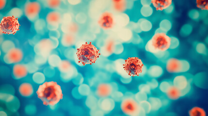 Microscopic view of vibrant red spherical dengue virus particles floating in blurred blue background, symbolizing infection risk and epidemic danger with shallow depth of field scientific visualizatio