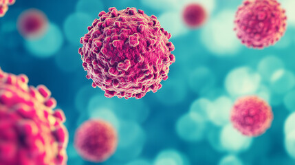 Microscopic view of vibrant red spherical dengue virus particles floating in blurred blue background, symbolizing infection risk and epidemic danger with shallow depth of field scientific visualizatio