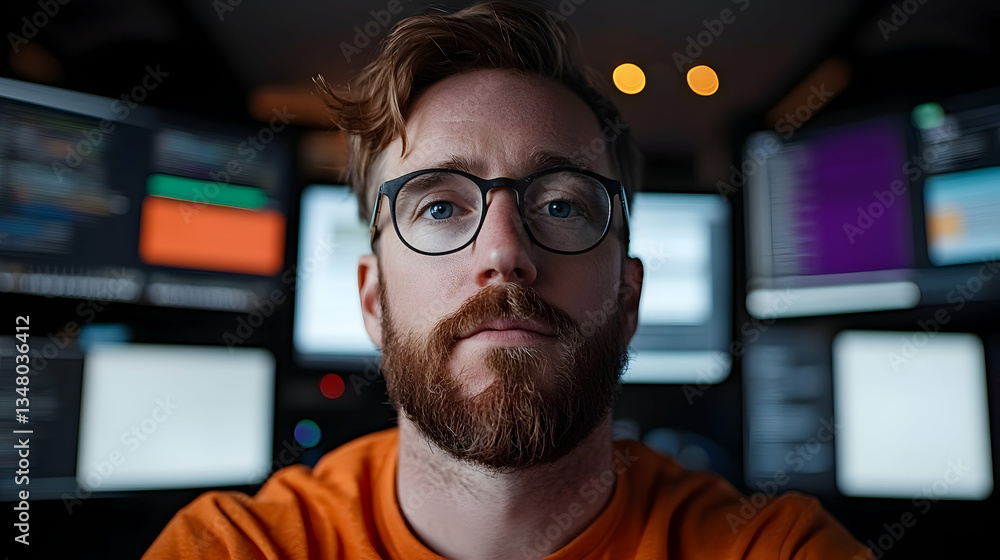 Poster focused man with beard working on multiple computer screens
