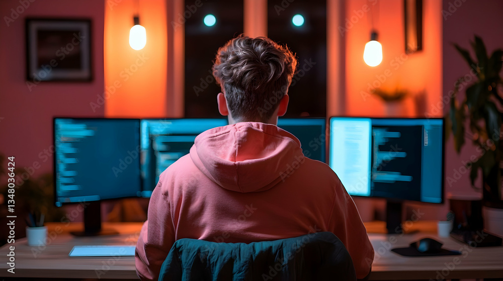 Poster focused man working late on multiple computer screens