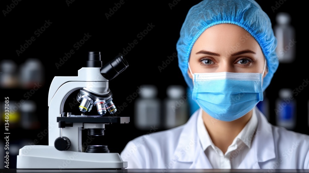 Poster a female scientist in a lab coat and face mask looks directly at the camera, with a microscope in th