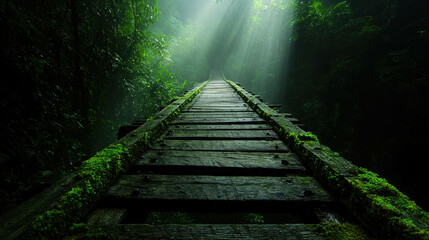 Enchanted Forest Path with Sunlight Filtering Through Lush Green Foliage and Wooden Planks