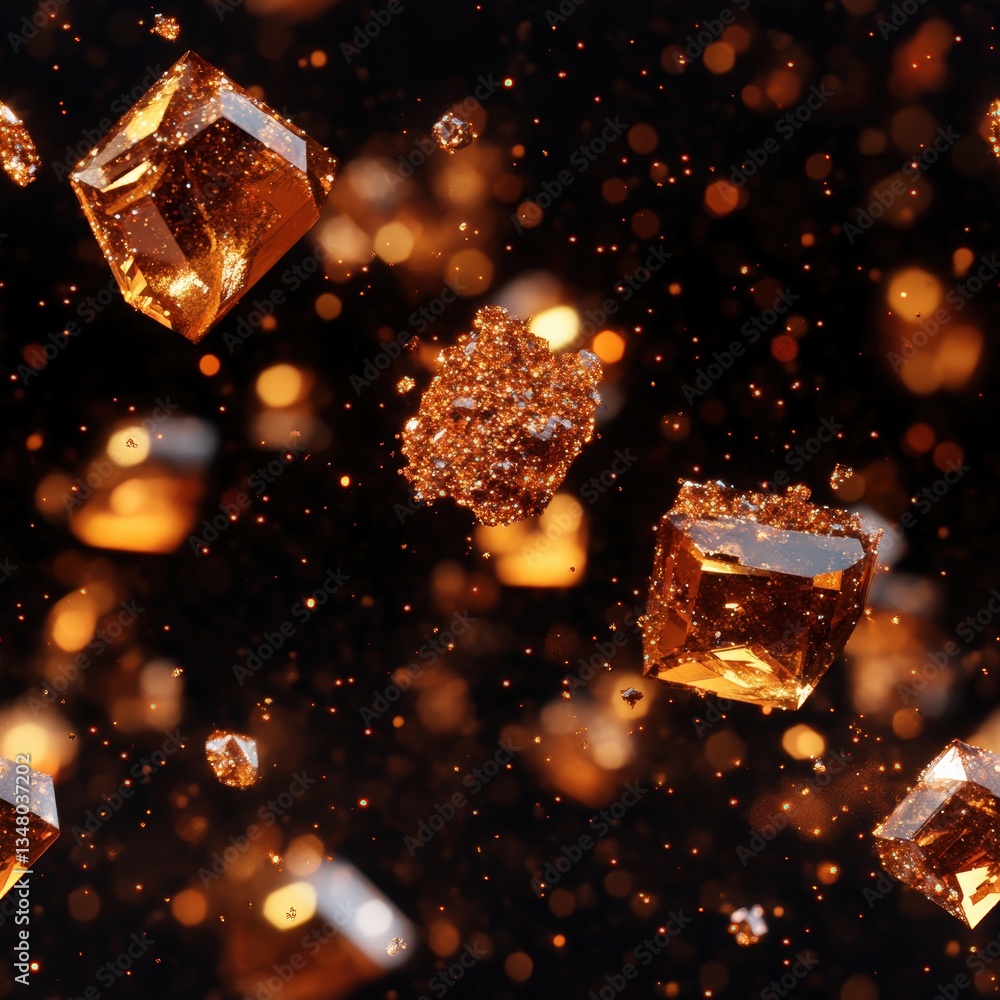 Poster mesmerizing close-up of shimme amber-toned crystals and glitte particles floating ethereally against