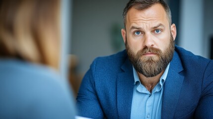 Fototapeta premium A man with a beard sits in a meeting, looking intently at someone out of frame. The image is a close up shot, with a blurred background and neutral color palette.