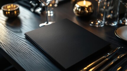 A black menu sits on a wooden table with a few candles and wine glasses