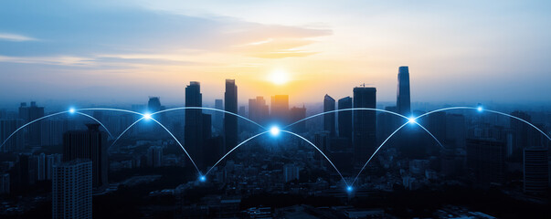 A city skyline at sunset, connected by digital lines, symbolizing technology, connectivity, and urban life.