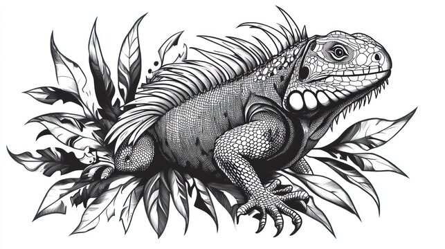 black and white iguana with leaves clip art preview