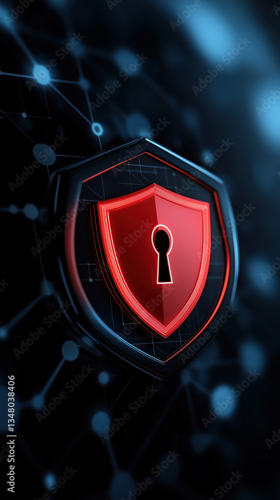 Poster a red shield with a keyhole symbolizing cybersecurity, set against a dark blue background with abstr