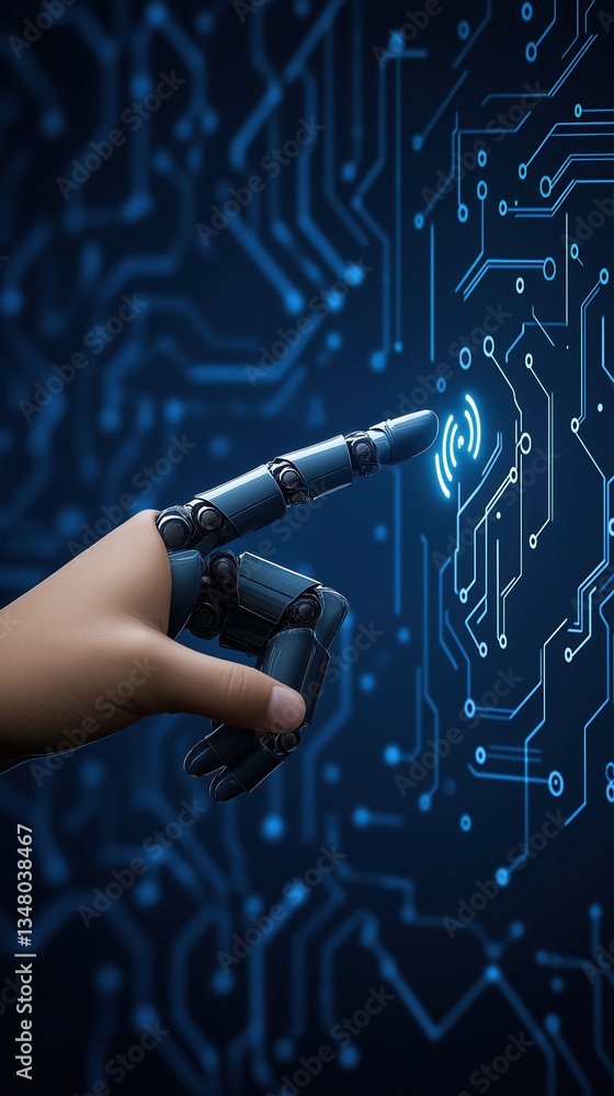 Poster a robotic hand interacts with a digital interface, symbolizing the fusion of technology and human-li