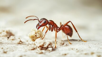 an ant carrying food back to colony with soft lighting