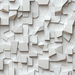 Abstract close-up of a textured white wall featu irregular three-dimensional geometric shapes creating a unique fragmented mosaic-like pattern design