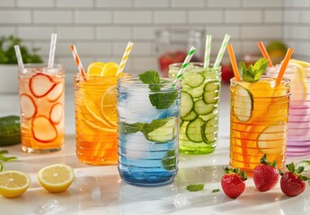 Refreshing and Colorful Beverage Collection in Tall Glasses with Straw and Fresh Ingredients for Summer Parties and Gatherings