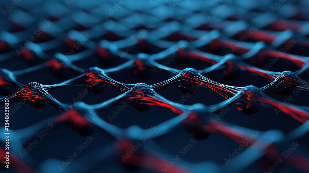 Poster abstract close-up of 3d network design in blue and red color scheme with intricate details