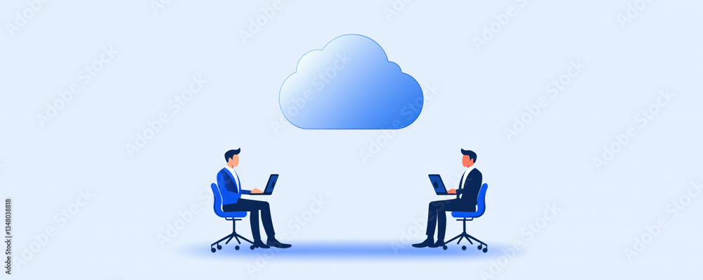 Poster two individuals working on laptops beneath a cloud icon, symbolizing cloud computing and remote coll