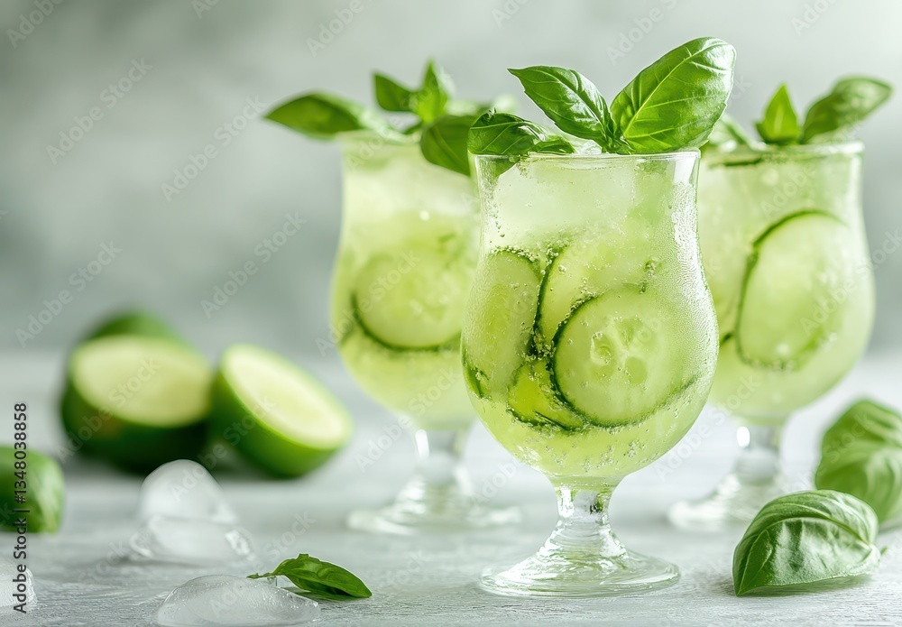 Poster refreshing basil and cucumber coolers served in elegant glasses with lime and ice for a perfect summ