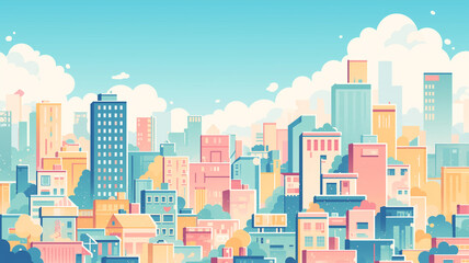 近未来の都市風景 パステルカラーで描かれた幻想的なシティスケープ 柔らかい光が包む高層ビル群 デジタルアート 背景素材