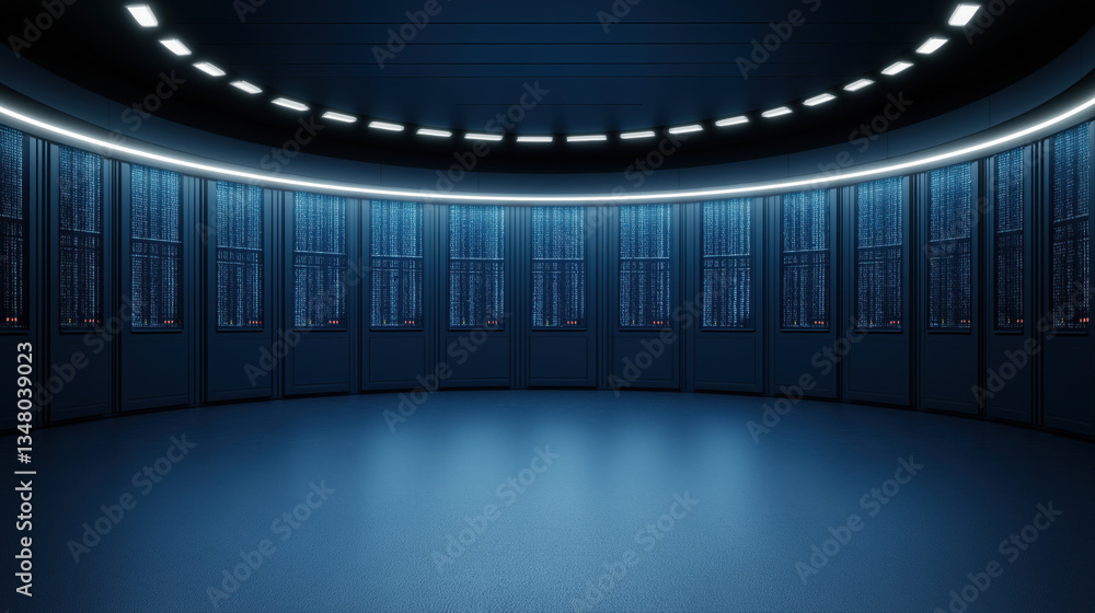 Poster a futuristic server room featuring illuminated racks and a sleek, dark environment, emphasizing tech