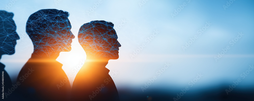 Poster the image depicts silhouettes of three profiles with digital network patterns, symbolizing technolog