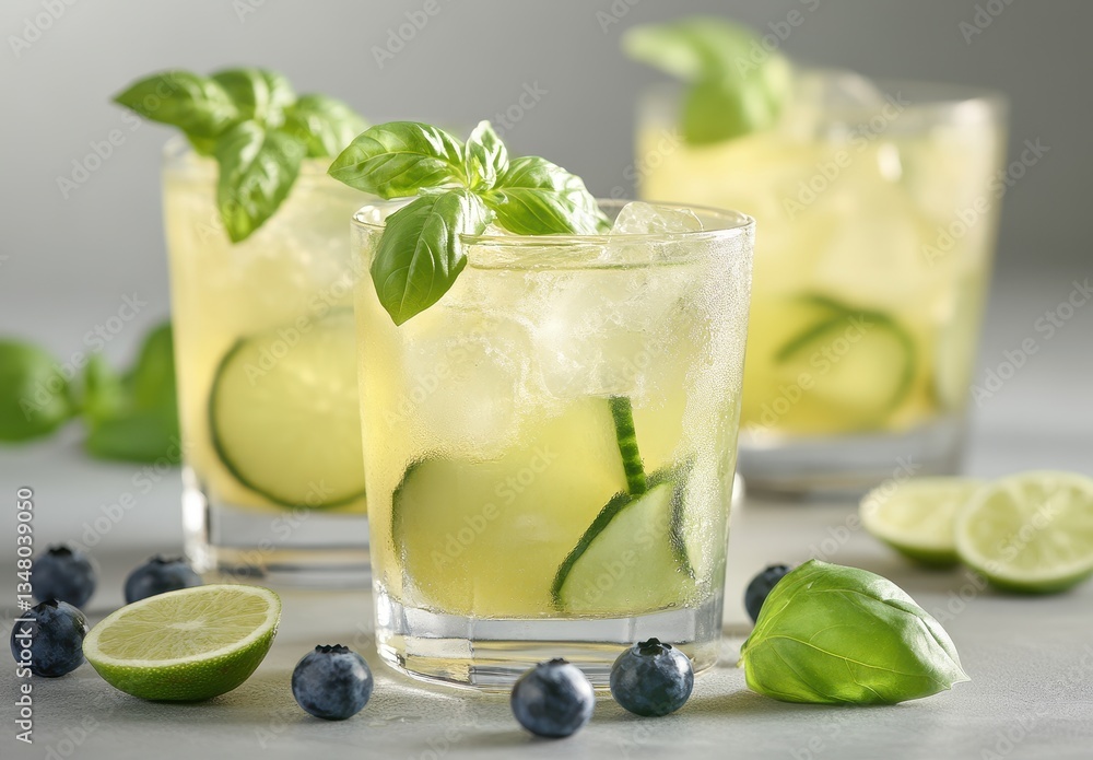 Poster refreshing basil lemonade with blueberries and cucumber garnish in elegant glasses on soft grey back
