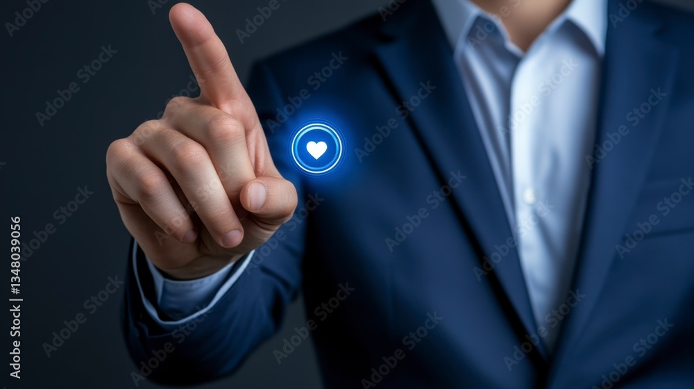 Poster close up of a person in a blue suit using a finger to interact with a glowing blue circular interfac