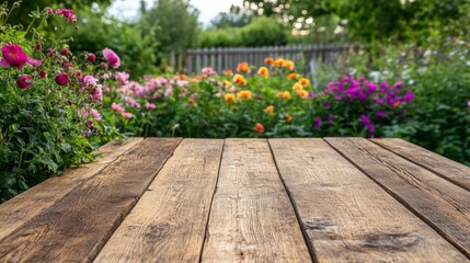 Rustic Wooden Table Garden Flowers Background