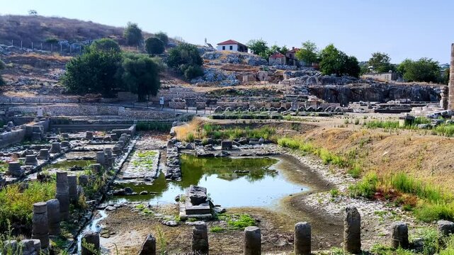 Ruins of the ancient Lycian city of Letoon. An open-air museum. The ancient sanctuary of the goddess Leto. Ancient Lycia. The Lycian state. UNESCO. Mugla, Turkey, 4k.