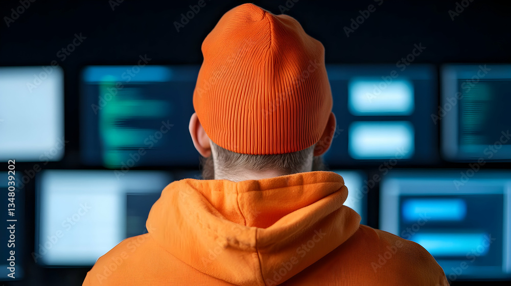Poster man in orange hoodie and beanie focused on multiple computer screens