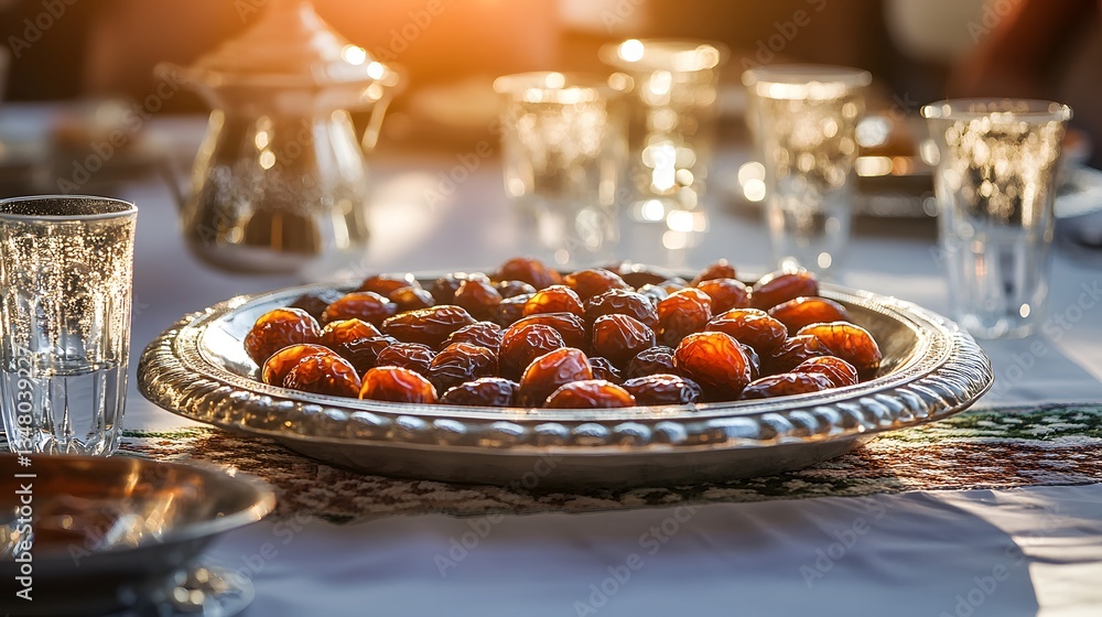 Poster a silver platter filled with dates sits on a table set for a meal. glasses and a teapot are in the b